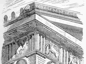 Parthenon metope reliefs on an ancient corner section with fluted columns and ornate moldings.