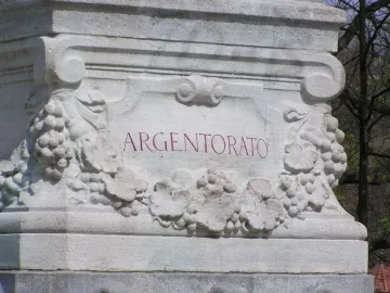 Argentorato inscription on the Rhine Water Fountain, framed by grape clusters, vine leaves, and ornate carvings.