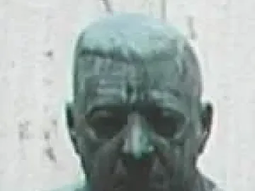 Weathered green-patina bust in the Polio Hall of Fame showing a man’s head and shoulders against a plain background.