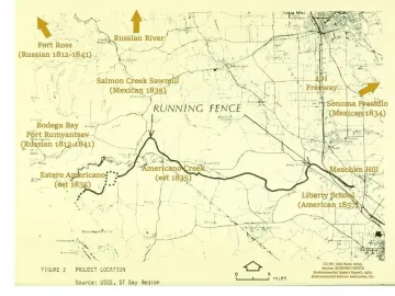 Map showing the route of Running Fence with labeled roads, landmarks, and historical sites.