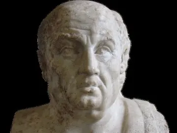 Marble bust of Seneca from the Double Herm of Socrates and Seneca, with the name Seneca carved below the neck.