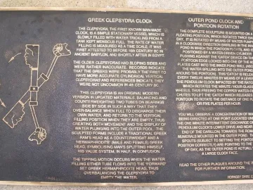 Bronze Hornsby Water Clock plaque with raised text and a diagram of a clepsydra mechanism.