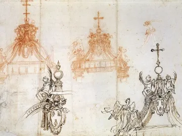 Sketches of ornate canopy designs for St. Peter\'s Baldachin with crosses, drapery, cherubs, and winged figures.