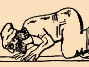 A bearded man in ancient-style clothing prostrating on hands and knees with his head bowed low.