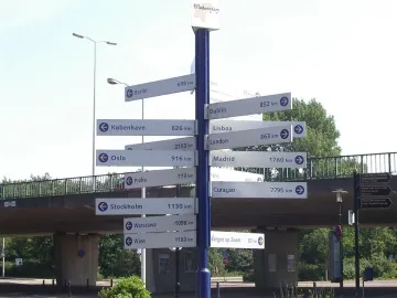Madurodam signpost with directional signs to cities around the world