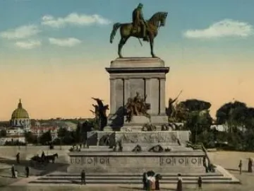 Giuseppe Garibaldi equestrian monument on a stone pedestal with bronze reliefs and sculptures in Rome.