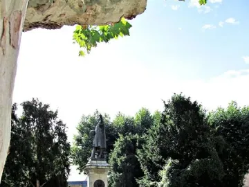 Monument to Columbus on a tall stone pedestal surrounded by trees and a circular hedge.