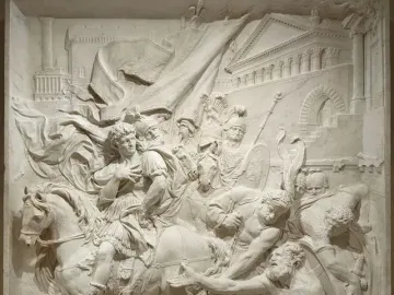 Alexandre et Diogène marble relief showing Alexander on horseback facing an elderly seated philosopher with soldiers and a banner around them.
