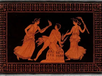Omphalos in a red-figure pottery scene, shown as a cone-shaped object with patterned markings and a seated male figure on top.