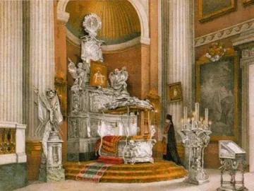 Alexander Nevsky reliquary with a tiered metallic altar, sculptural figures, and a central portrait inside a grand interior