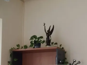Ángel Custodio statue with wings holding a cross aloft on a shelf, framed by green plants.
