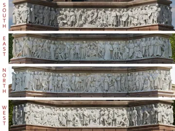 Four stacked panoramic panels showing the Frieze of Parnassus with detailed bas-relief figures in different directions.