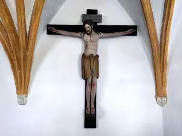 Enghausen Cross wooden crucifix with a pale carved figure of Christ on a black cross