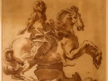 Sepia drawing of Louis XIV on a rearing horse, shown in Bernini\'s equestrian statue study.
