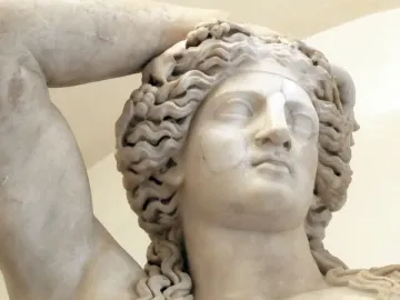 Close-up of the Ludovisi Dionysus showing the marble head with wavy hair and a band or crown, with part of a muscular arm above.
