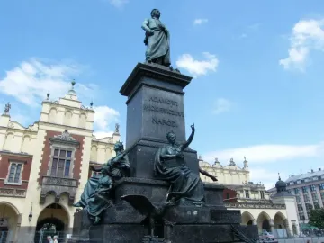Adam Mickiewicz Monument with a bronze standing figure on a tall pedestal, framed by historic buildings and a blue sky.