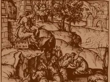 Sepia woodcut illustration of the Golden Woman seated on a stone structure, holding a child, with figures kneeling below.