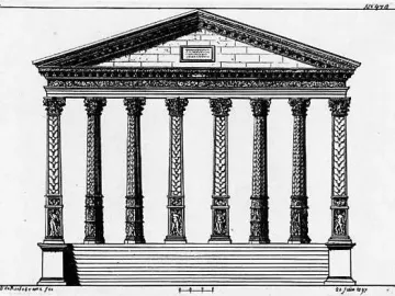 Black and white architectural drawing of the Pilier d\'Yzeures-sur-Creuse showing a temple facade with eight columns, sculpted bases, and a wide staircase.