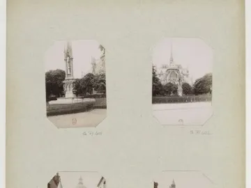 An archival album page with four octagonal black-and-white photographs, including views of a monument and Paris street scenes.