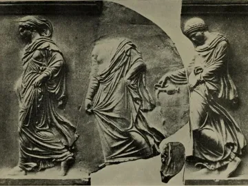 Fragmented relief sculpture of three draped female figures walking left, with the central figure headless.