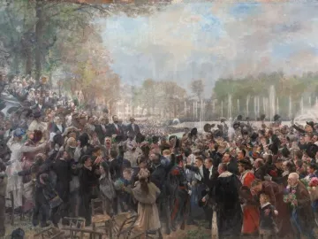 Crowd gathered in front of the Neptune Fountain with tall water jets rising in the background.