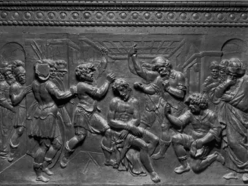 Bas-relief panel from the Resurrection Pulpit showing a crowded scene with Christ surrounded by several men.