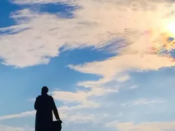 James A. Garfield Monument silhouetted against a colorful sunset sky with dark trees below.