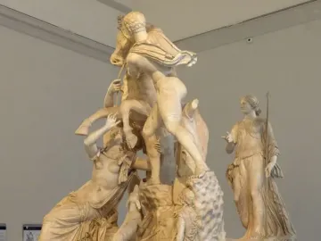 Farnese Bull marble sculpture showing Dirke tied to a bull, with two men and other figures around the dramatic scene.