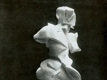 Unique Forms of Continuity in Space shown as a light-toned abstract figure striding forward against a dark background.