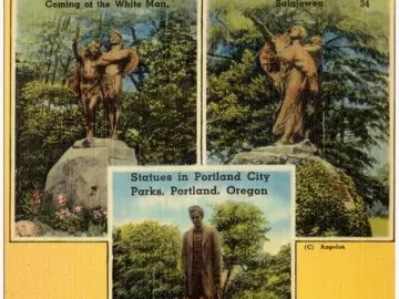 Joan of Arc equestrian statue with a raised yellow lance in a park setting