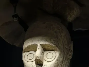 Stone head from the Giants of Mont\'e Prama with large circular eyes and thick arched brows.