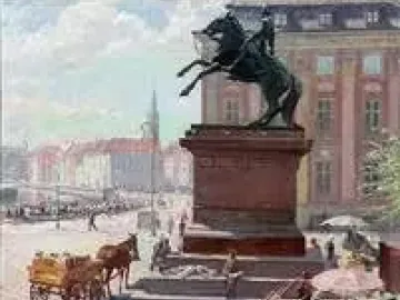 Absalon Monument in a busy public square, showing an equestrian statue on a tall pedestal with buildings and people around it.