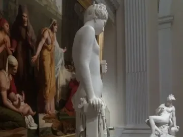 Pandora marble statue in profile, holding a small object beside a draped pillar.
