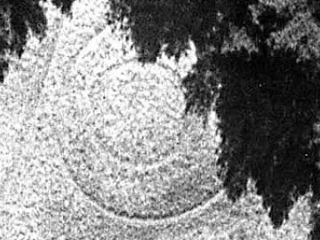 Aerial view of the Angelholm UFO Memorial site showing a large circular design with concentric rings, partly framed by dark trees.