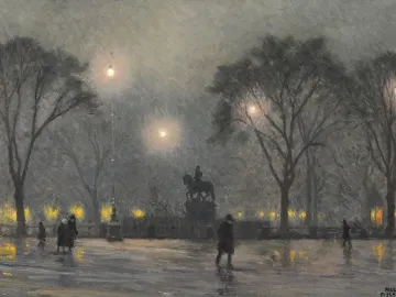 Christian V Equestrian Statue silhouetted on a pedestal in a misty nighttime park with bare trees and streetlights.