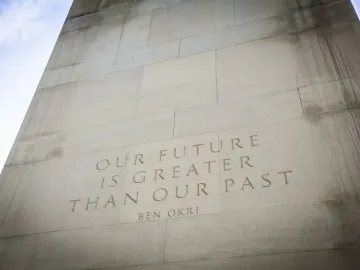 Commonwealth Memorial Gates stone pillar with the inscription “Our future is greater than our past” by Ben Okri.