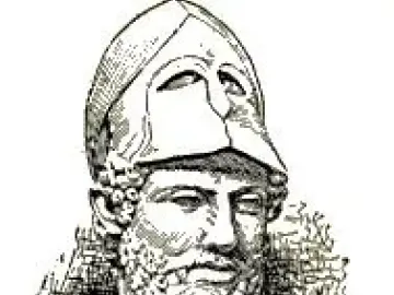 Bust of Pericles with a Corinthian helmet pushed up from his face.