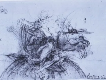 Charcoal sketch of Truth Unveiled by Time showing an elderly winged figure pulling back a cloth to reveal a reclining nude woman, with a small putto-like figure between them.