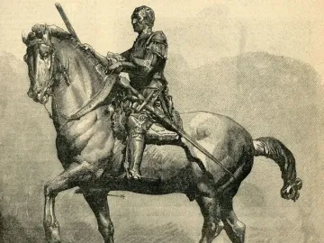 Engraving of Donatello’s Gattamelata, showing an armored rider on horseback atop a tiered pedestal.