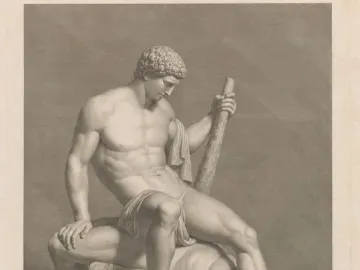 Monochrome print of Theseus seated on the defeated Minotaur, with Latin text below.