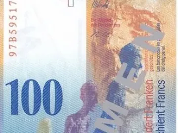 Translucent Walking Man I figures layered across a 100 Swiss franc banknote in blue, purple, and green tones.