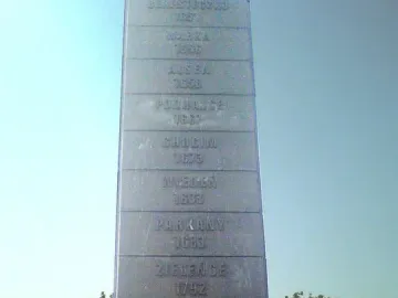 Stone inscription pylon of the Polish Cavalry Monument showing engraved battle names and years against a blue sky.