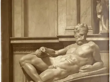 Michelangelo\'s Crepuscolo, a reclining nude marble figure with a beard beneath ornate architectural details.