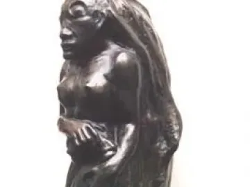 Oviri sculpture by Paul Gauguin, a dark standing figure with long flowing hair and an animal form at the base.