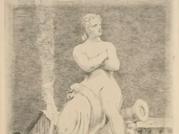 The Resistance sculpture showing a nude female figure seated with her arms crossed, a cannon beside her and buildings in the background.