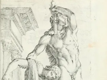 Etching of the Ludovisi Gaul scene showing a man stabbing himself while supporting a draped woman.