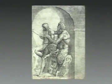 Black and white print of Pan and Daphne in an arched niche, with a horned figure assisting a smaller figure playing a flute.
