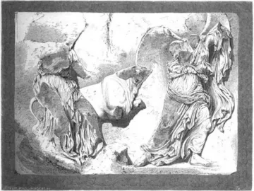 Fragmented Parthenon metope relief showing two draped figures around a bull.