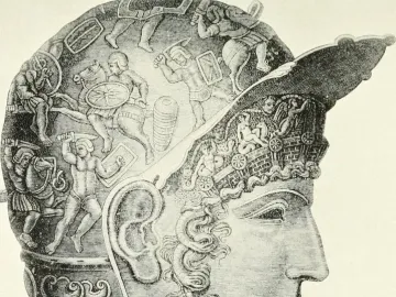 Roman bronze parade helmet from Ribchester shown in profile with a face mask, crest, and engraved battle scenes.