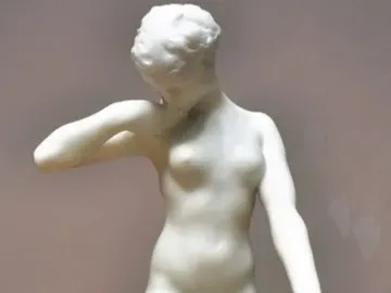 Standing Fauness, a white marble nude female sculpture with her head bowed, one hand at her neck and the other holding a downward-pointing club.